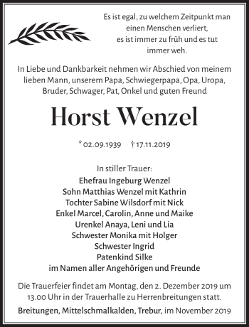 Traueranzeige von Horst Wenzel von Südthüringer Presse
