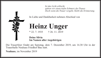 Traueranzeige von Heinz Unger von Südthüringer Presse