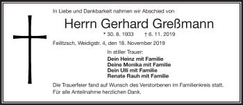 Traueranzeige von Gerhard Greßmann von Frankenpost