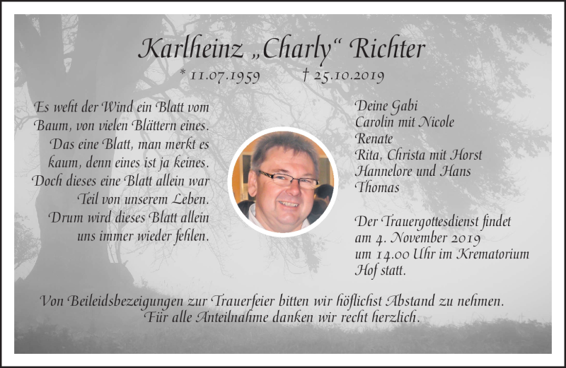  Traueranzeige für Karlheinz Richter vom 01.11.2019 aus Frankenpost