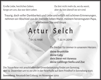 Traueranzeige von Artur Selch von Südthüringer Presse