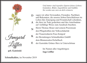 Traueranzeige von Irmgard Löffler von Südthüringer Presse