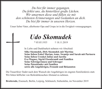 Traueranzeige von Udo Skomudek von Südthüringer Presse