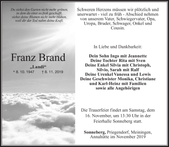Traueranzeige von Franz Brand von Südthüringer Presse