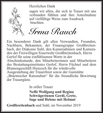 Traueranzeige von Irma Rausch von Südthüringer Presse