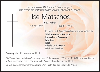 Traueranzeige von Ilse Matschos von Neue Presse Coburg