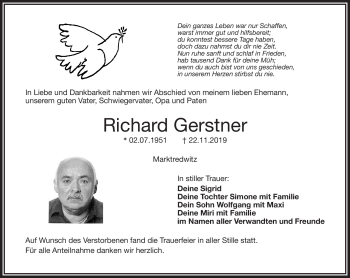 Traueranzeige von Richard Gerstner von Frankenpost
