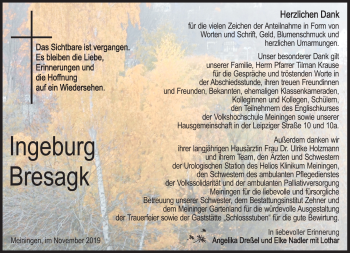 Traueranzeige von Ingeburg Bresagk von Südthüringer Presse