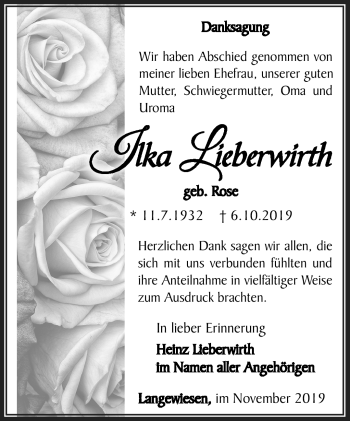 Traueranzeige von Ilka Lieberwirth von Südthüringer Presse