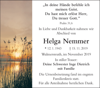 Traueranzeige von Helga Nemmer von Frankenpost