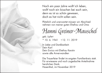 Traueranzeige von Hanni Greiner-Mauschel von Südthüringer Presse