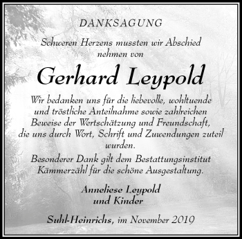 Traueranzeige von Gerhard Leypold von Südthüringer Presse