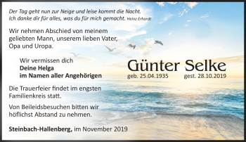 Traueranzeige von Günter Selke von Südthüringer Presse