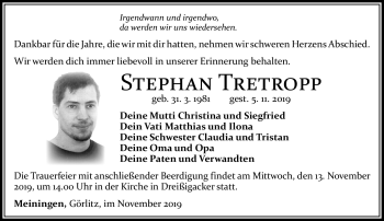 Traueranzeige von Stepahn Tretropp von Südthüringer Presse