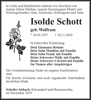 Traueranzeige von Isolde Schott von Südthüringer Presse