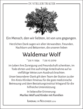 Traueranzeige von Waldemar Wolf von Südthüringer Presse