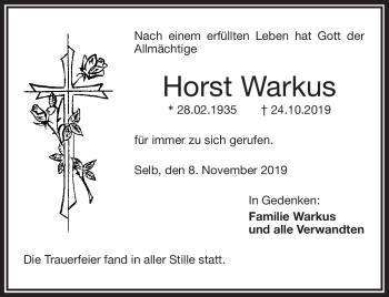 Traueranzeige von Horst Warkus von Frankenpost