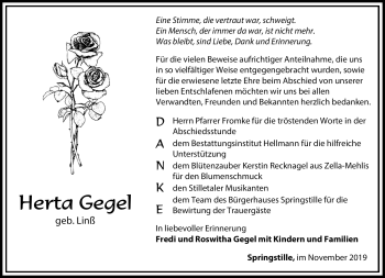 Traueranzeige von Herta Gegel von Südthüringer Presse