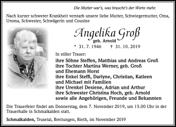 Traueranzeige von Angelika Groß von Südthüringer Presse