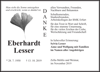 Traueranzeige von Eberhardt Lesser von Südthüringer Presse