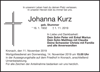 Traueranzeige von Johanna Kurz von Neue Presse Coburg