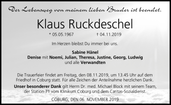 Traueranzeige von Klaus Ruckdeschel von Neue Presse Coburg