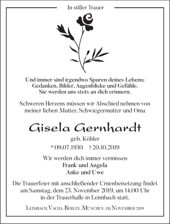 Traueranzeige von Gisela Gernhardt von Südthüringer Presse