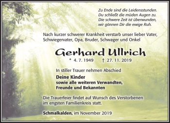 Traueranzeige von Gerhard Ullrich von Südthüringer Presse