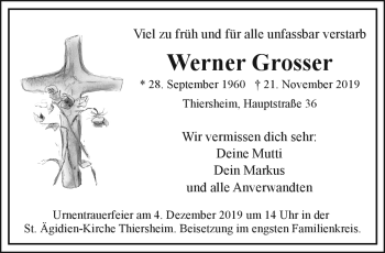 Traueranzeige von Werner Grosser von Frankenpost