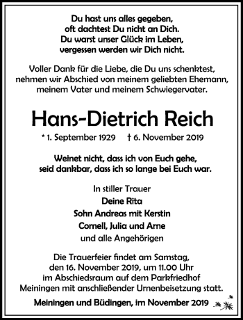 Traueranzeige von Hans-Dietrich Reich von Südthüringer Presse