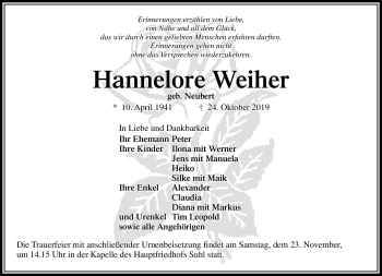 Traueranzeige von Hannelore Weiher von Südthüringer Presse
