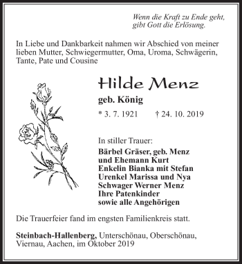 Traueranzeige von Hilde Menz von Südthüringer Presse