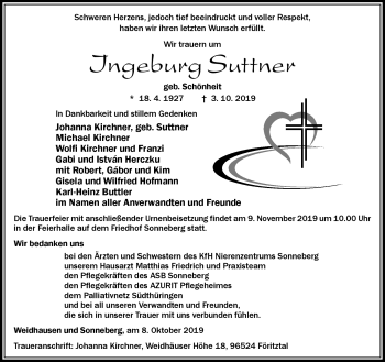 Traueranzeige von Ingeburg Suttner von Südthüringer Presse