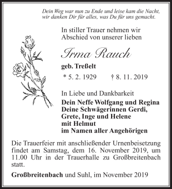 Traueranzeige von Irma Rauch von Südthüringer Presse
