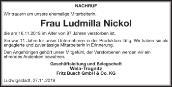 Traueranzeige von Ludmilla Nickol von Neue Presse Coburg