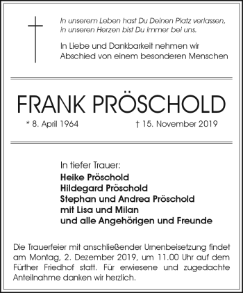 Traueranzeige von Frank Pröschold von Neue Presse Coburg