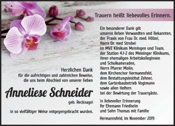 Traueranzeige von Anneliese Schneider von Südthüringer Presse