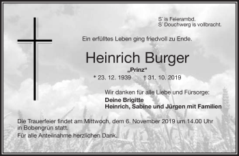 Traueranzeige von Heinrich Burger von Frankenpost