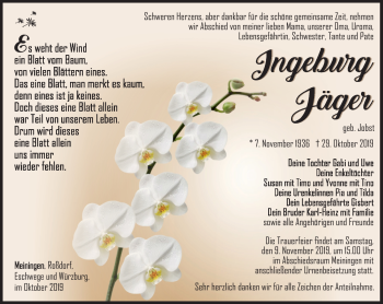 Traueranzeige von Ingeburg Jäger von Südthüringer Presse