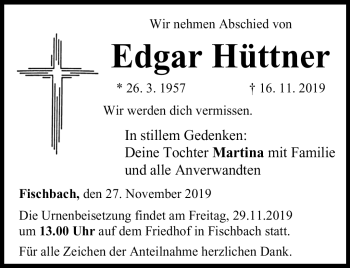 Traueranzeige von Edgar Hüttner von Neue Presse Coburg