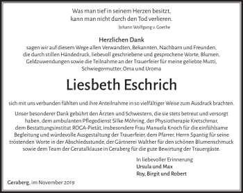 Traueranzeige von Liesbeth Eschrich von Südthüringer Presse