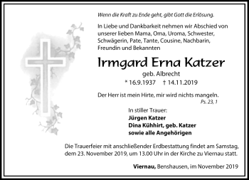 Traueranzeige von Irmgard Katzer von Südthüringer Presse