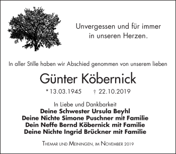 Traueranzeige von Bernd Köbernick von Südthüringer Presse