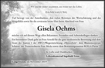 Traueranzeige von Gisela Oehms von Südthüringer Presse