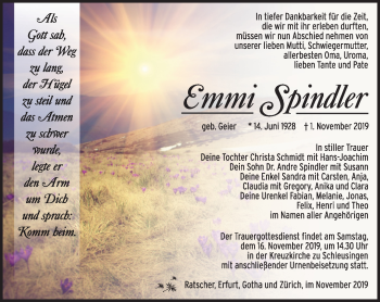 Traueranzeige von Emmi Spindler von Südthüringer Presse