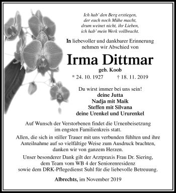 Traueranzeige von Irma Dittmar von Südthüringer Presse
