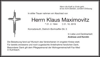 Traueranzeige von Klaus Maximovitz von Frankenpost