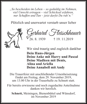 Traueranzeige von Gerhard Fleischhauer von Südthüringer Presse