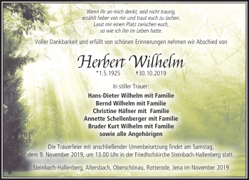 Traueranzeige von Herbert Wilhelm von Südthüringer Presse