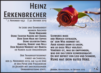 Traueranzeige von Heinz Erkenbrecher von Südthüringer Presse